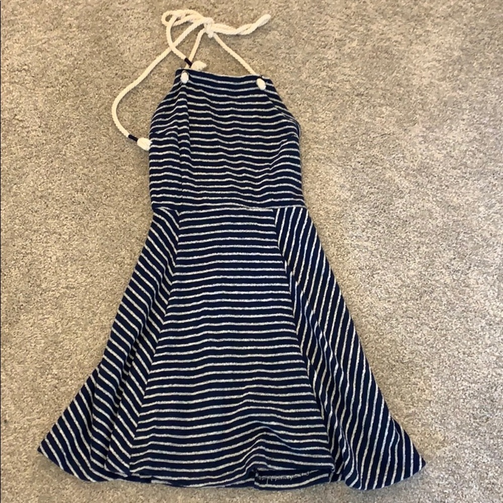 Navy and white striped halter top dress